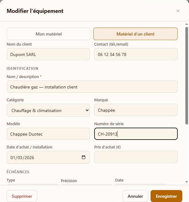 Fiche client Alvéole — chaudière installée