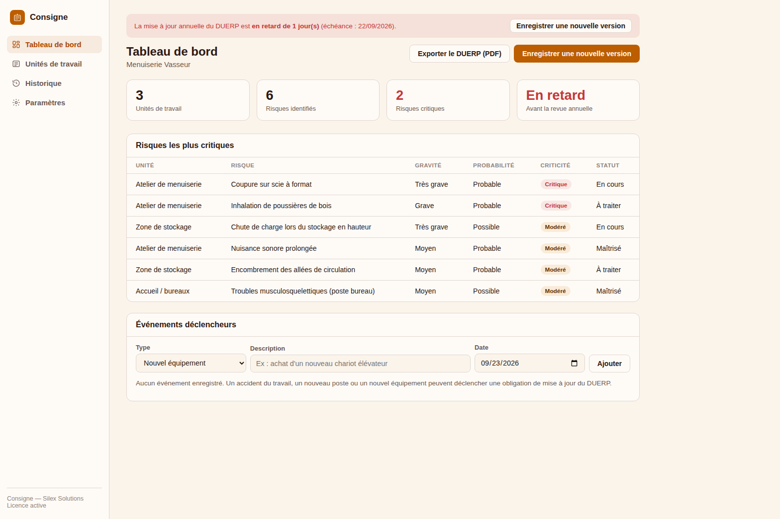 Tableau de bord Consigne avec les risques les plus critiques et l'alerte de revue annuelle