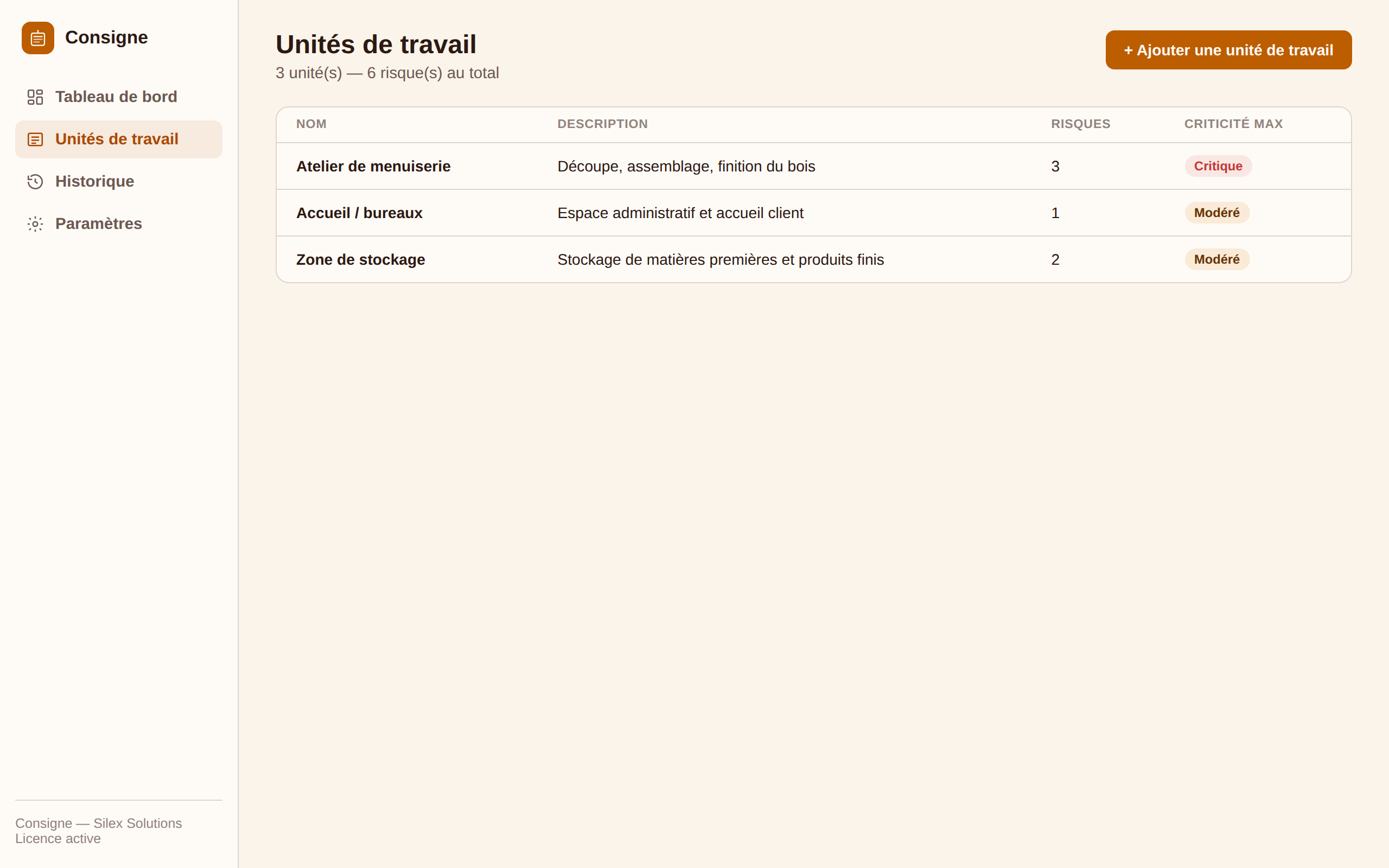 Liste des unités de travail dans Consigne, avec nombre de risques et criticité maximale par unité