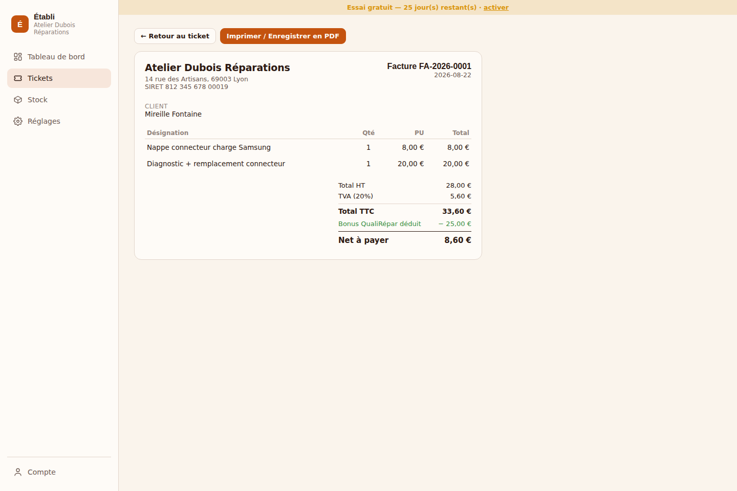 Facture générée depuis un ticket clôturé dans Établi, avec déduction du bonus QualiRépar