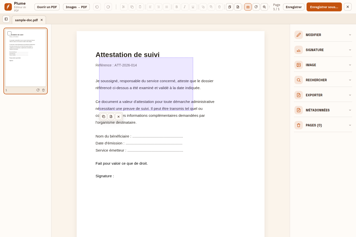 Outil de capture d'écran intégré à Plume, sélection d'une zone du document