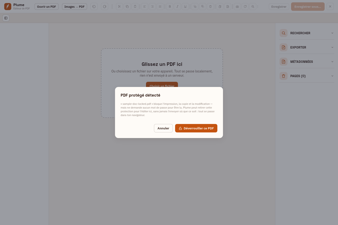 Plume détecte un PDF protégé et propose de retirer le mot de passe et les restrictions en un clic