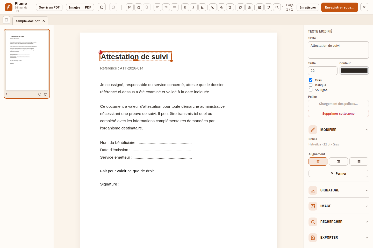 Modification directe du texte existant d'un PDF dans Plume, avec taille, police et couleur ajustables