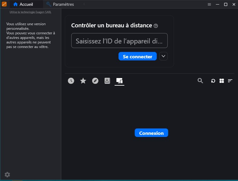 Ecran d'accueil de Relais avec le champ pour saisir l'identifiant d'un poste distant et s'y connecter