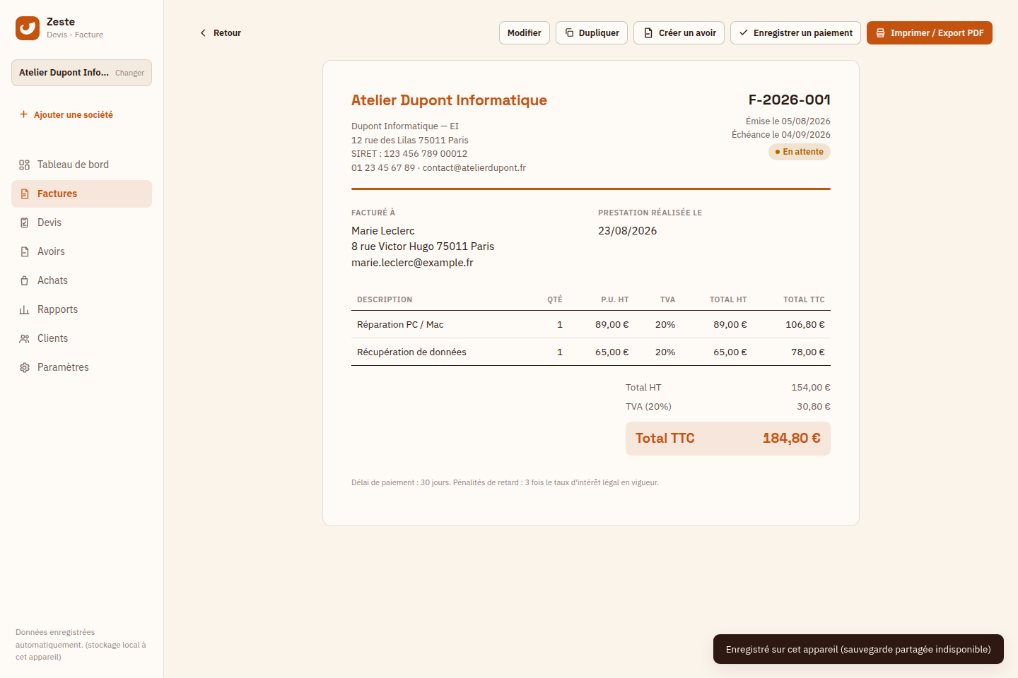 Aperçu d'une facture Zeste prête à envoyer au format PDF