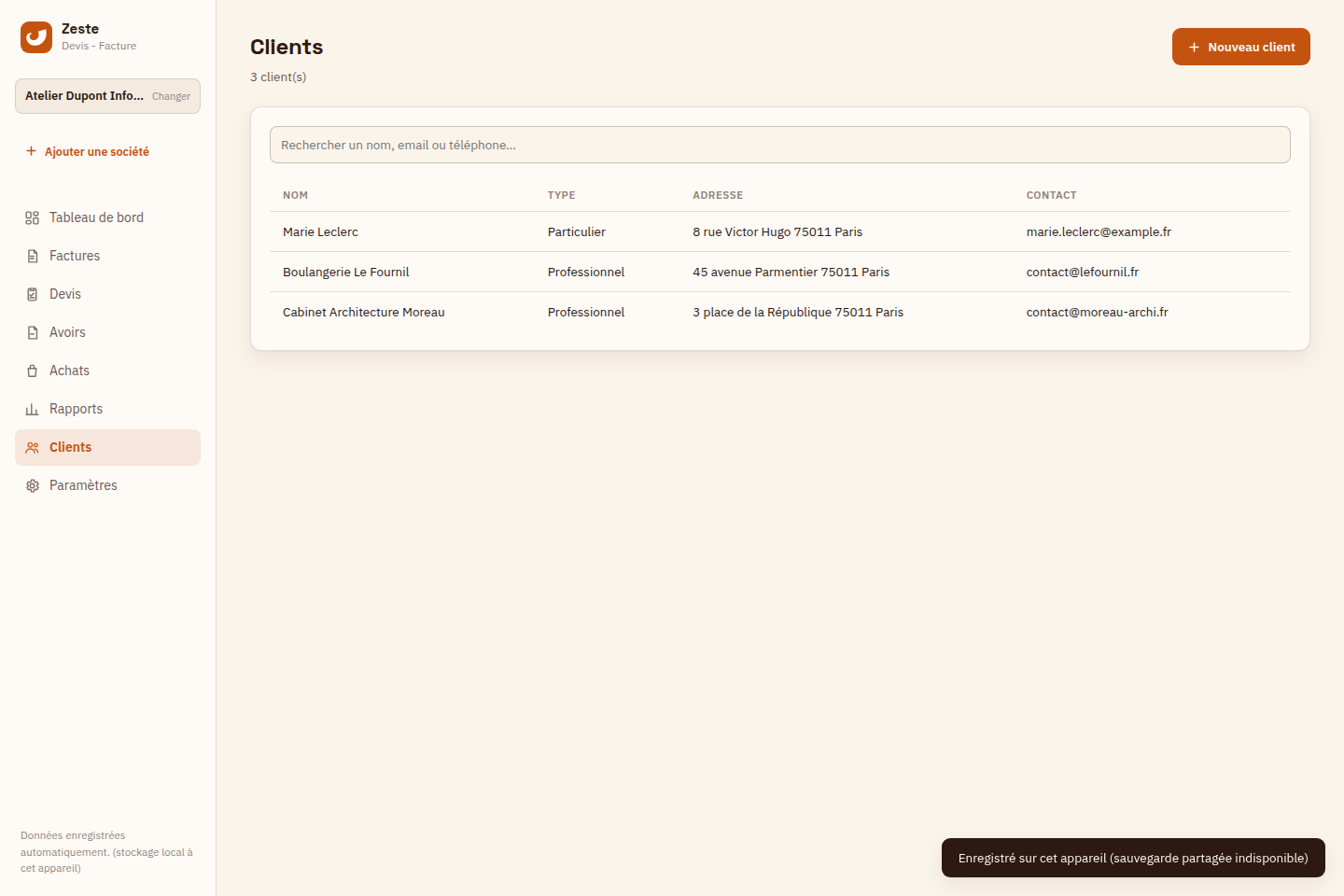Fiches clients Zeste avec recherche par nom, SIRET ou SIREN